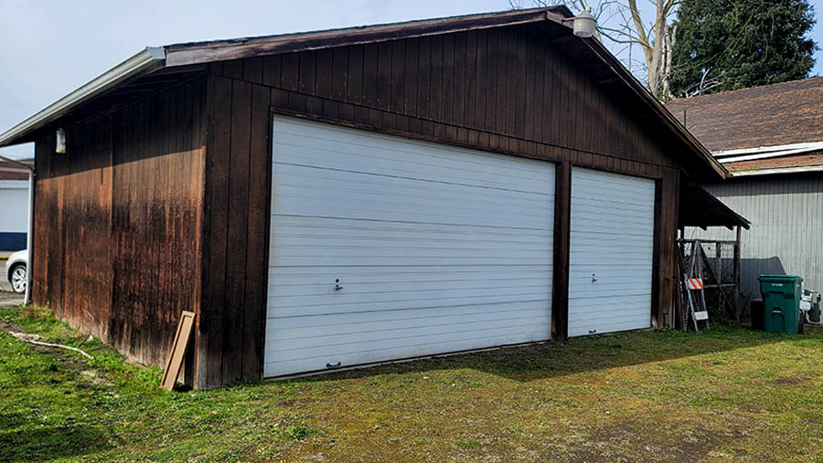 Two-bay detached garage with high-clearance roll-up doors